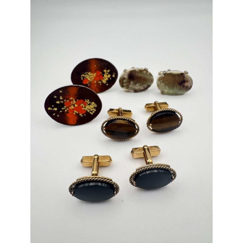 Vintage Cufflinks Lot Gold Filled Tiger Eye Black Stone Enamel 4 Pairs